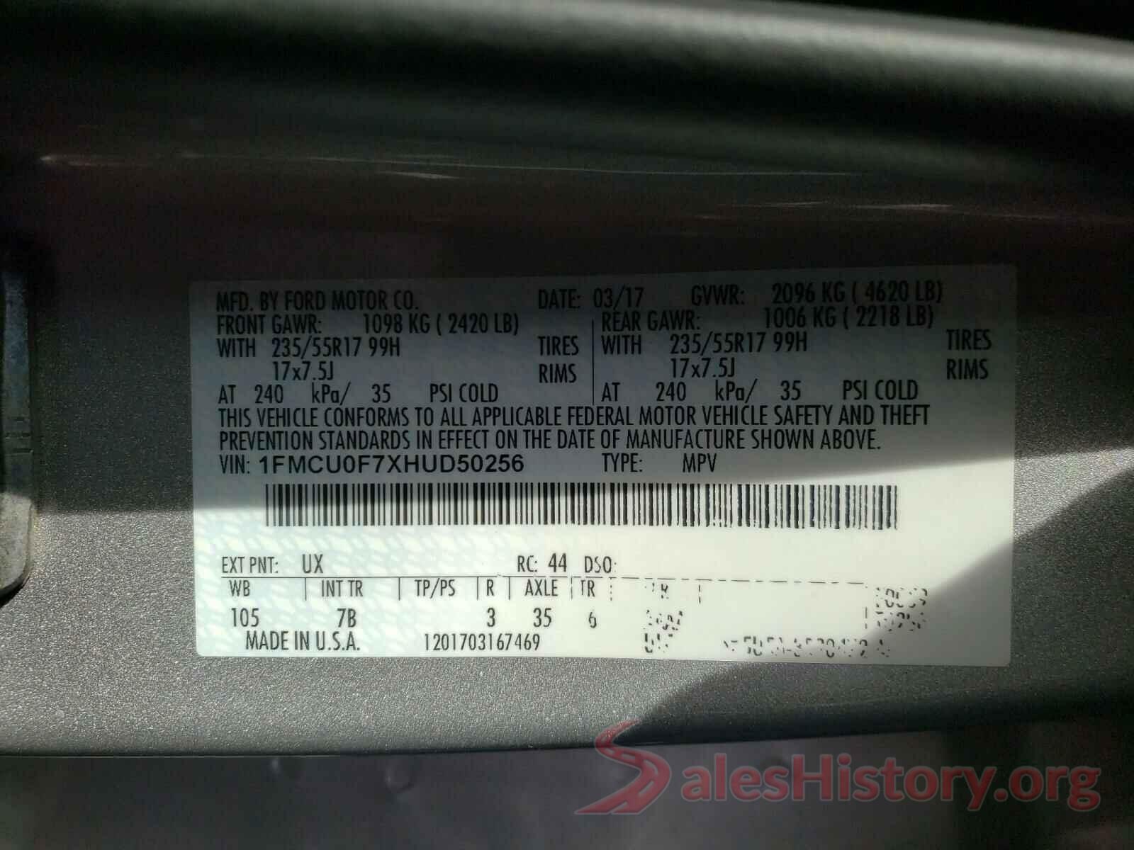 1FMCU0F7XHUD50256 2017 FORD ESCAPE