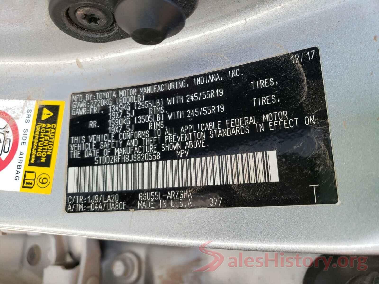 5TDDZRFH8JS820558 2018 TOYOTA HIGHLANDER