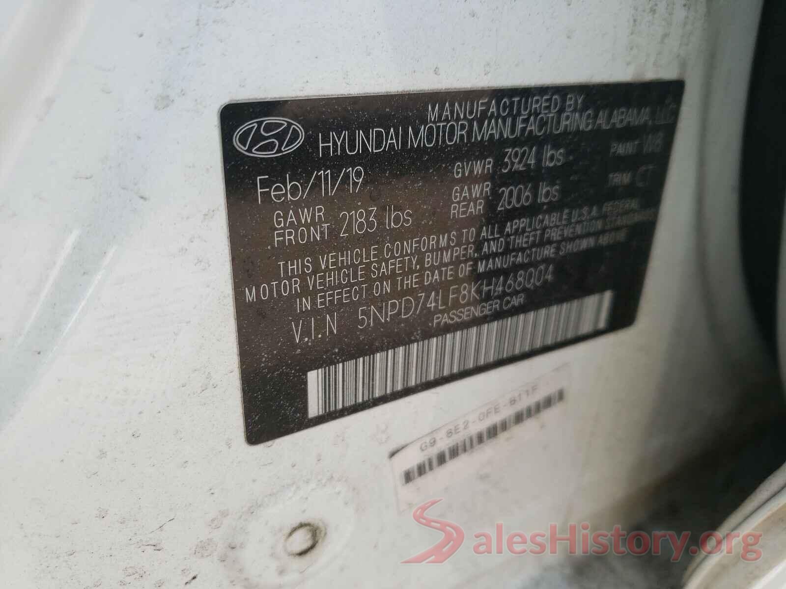 5NPD74LF8KH468004 2019 HYUNDAI ELANTRA