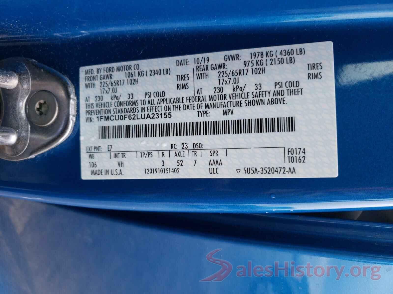 1FMCU0F62LUA23155 2020 FORD ESCAPE