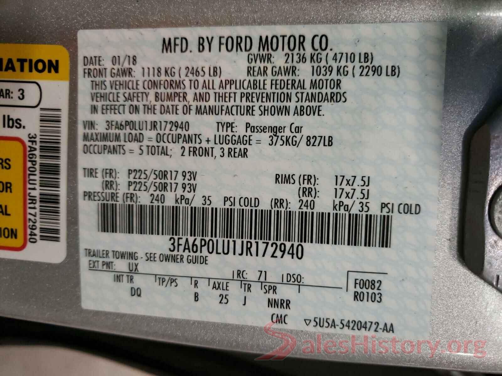 3FA6P0LU1JR172940 2018 FORD FUSION