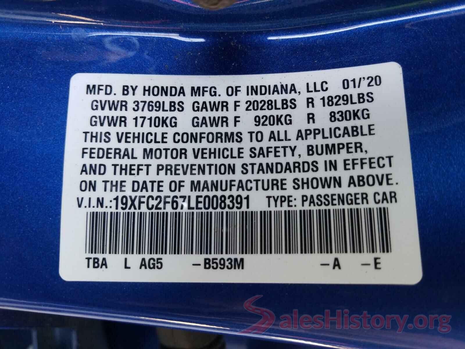 19XFC2F67LE008391 2020 HONDA CIVIC