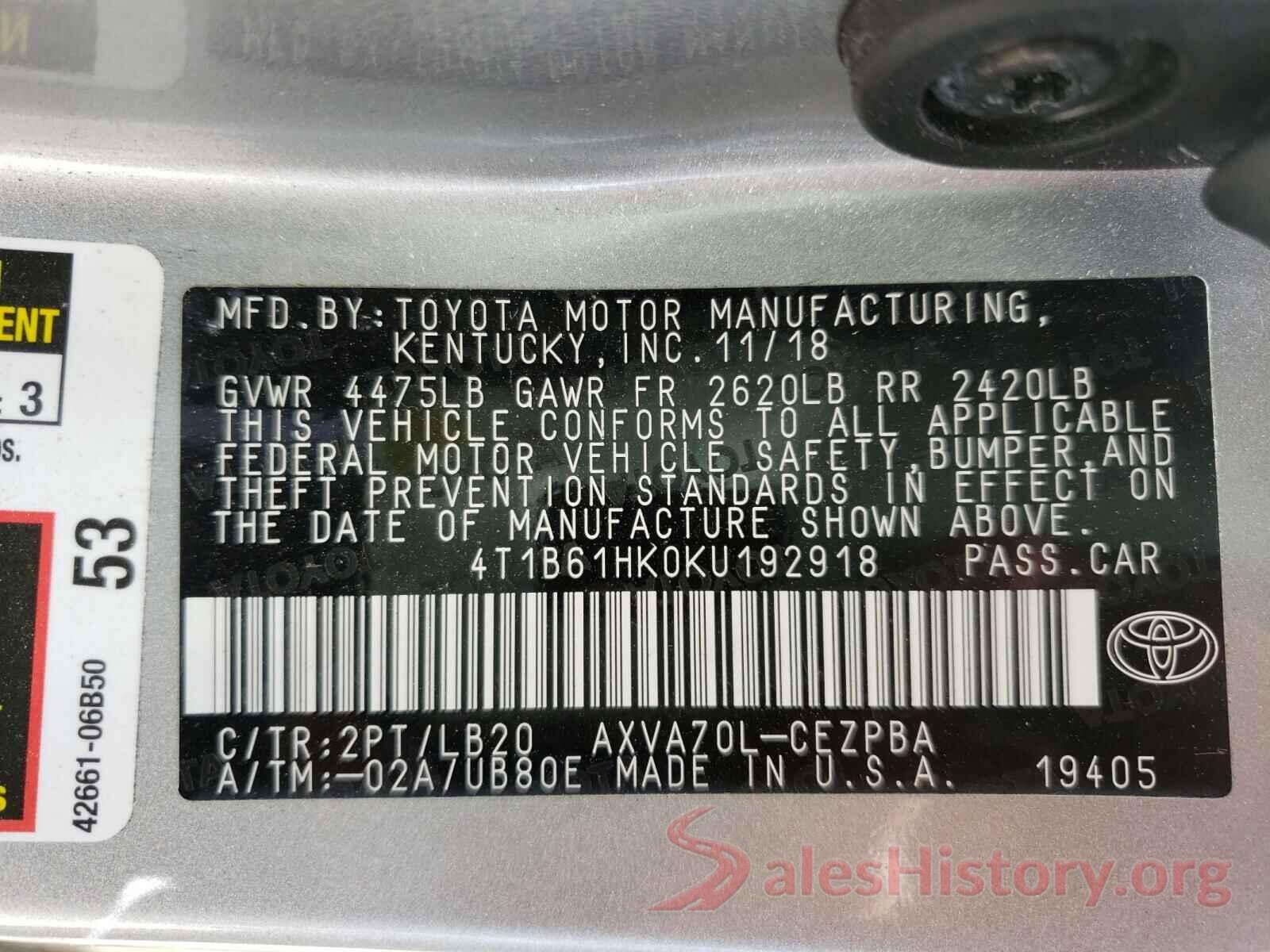 4T1B61HK0KU192918 2019 TOYOTA CAMRY