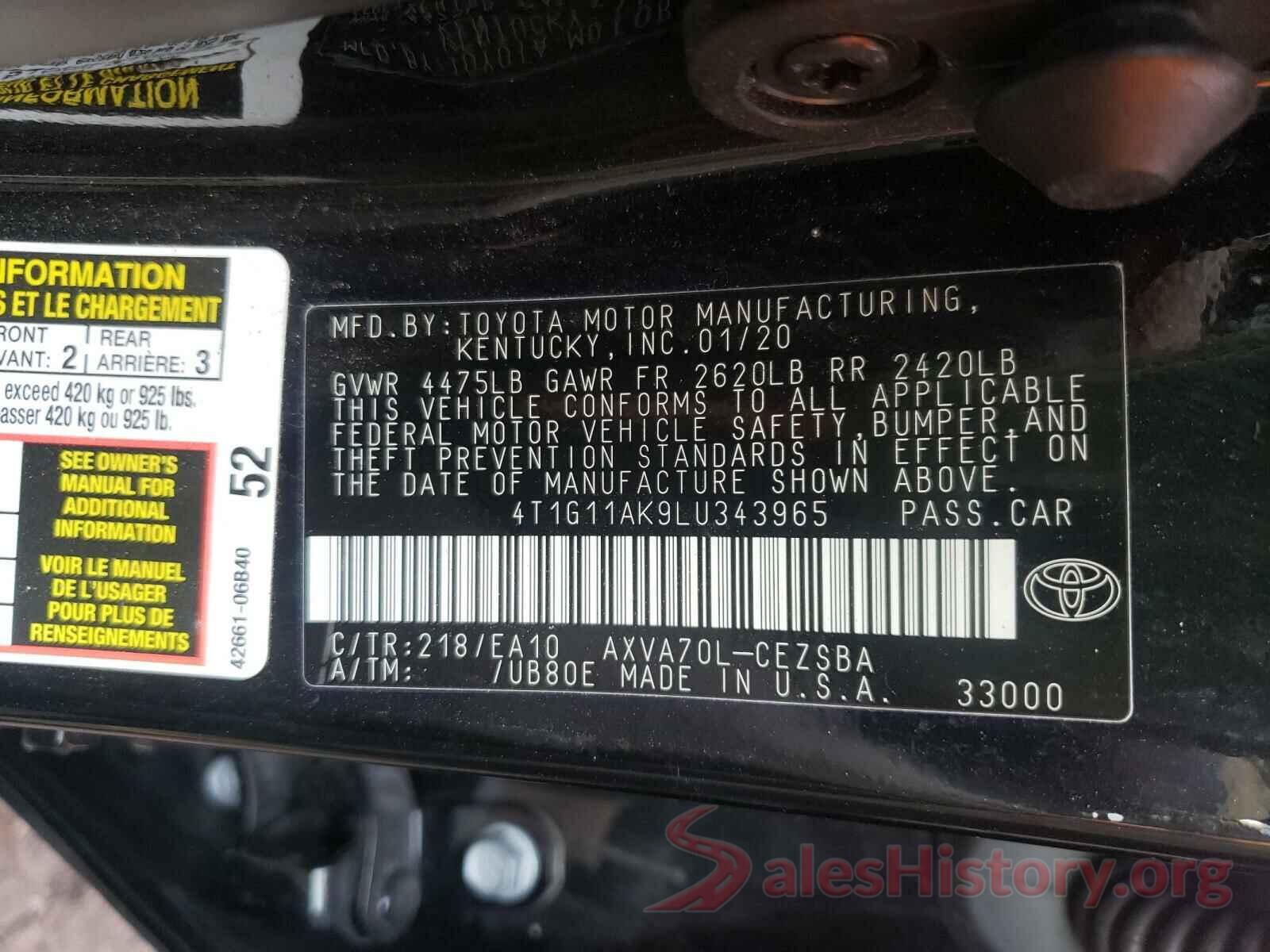 4T1G11AK9LU343965 2020 TOYOTA CAMRY