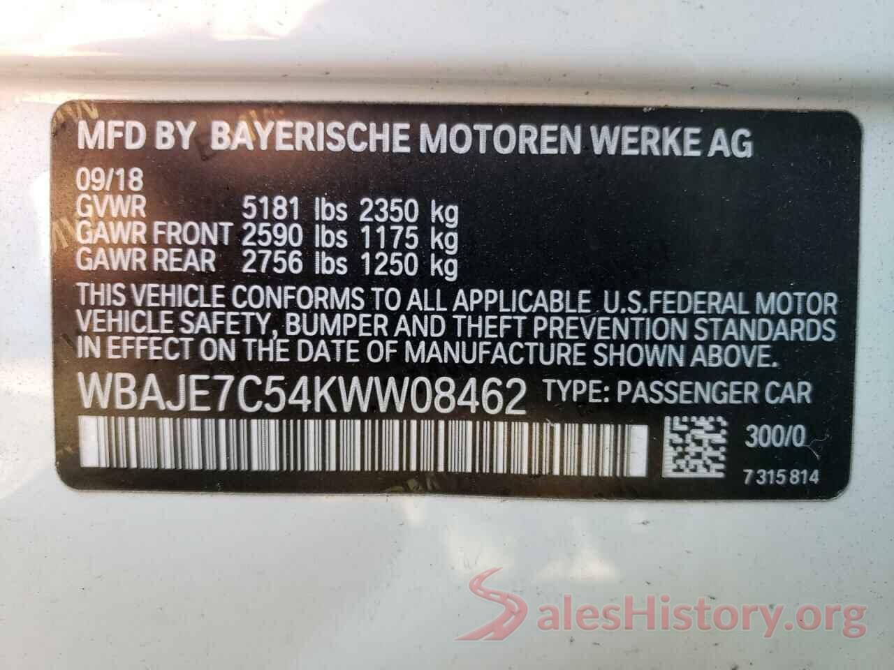 WBAJE7C54KWW08462 2019 BMW 5 SERIES