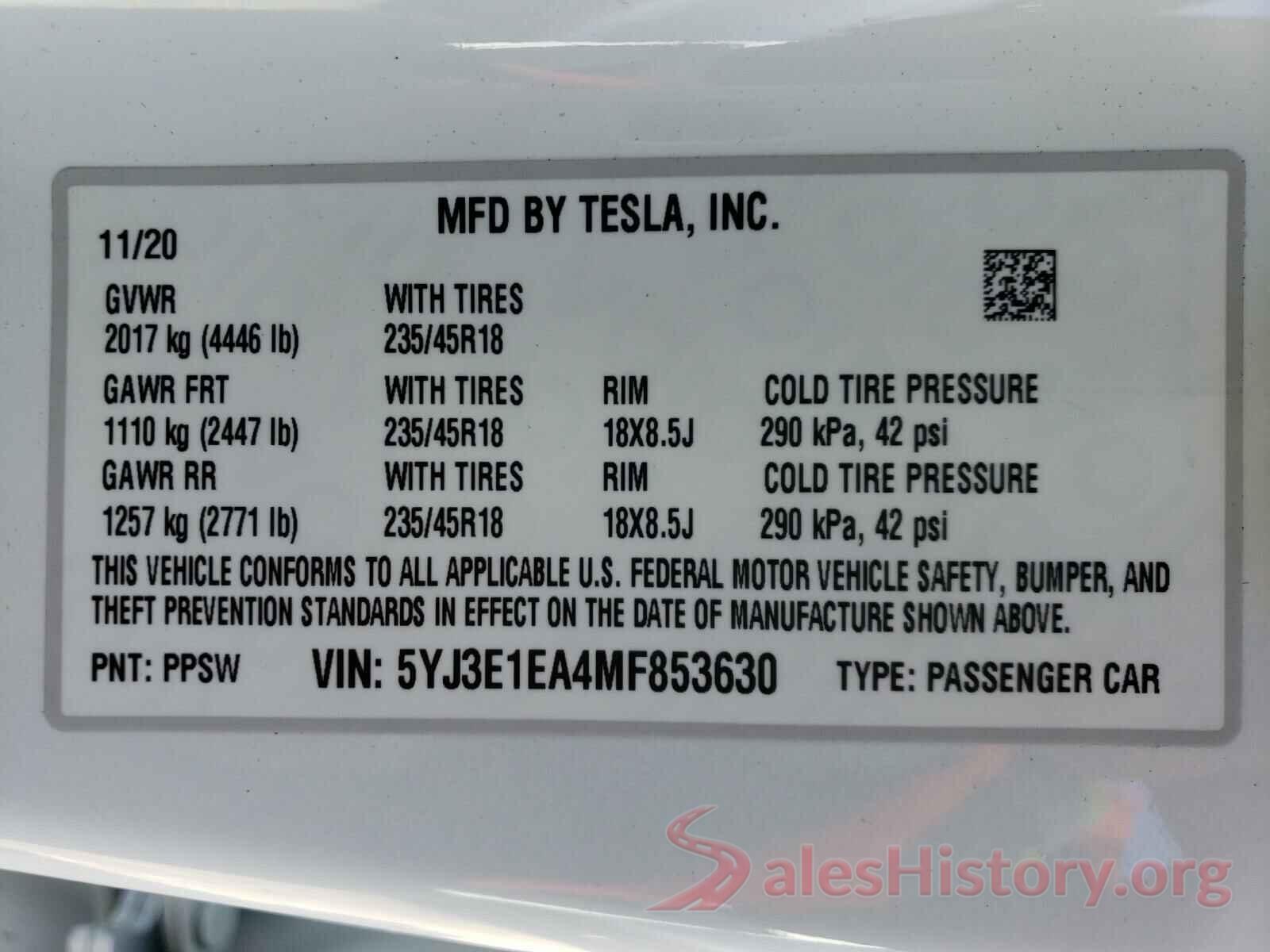 5YJ3E1EA4MF853630 2021 TESLA MODEL 3