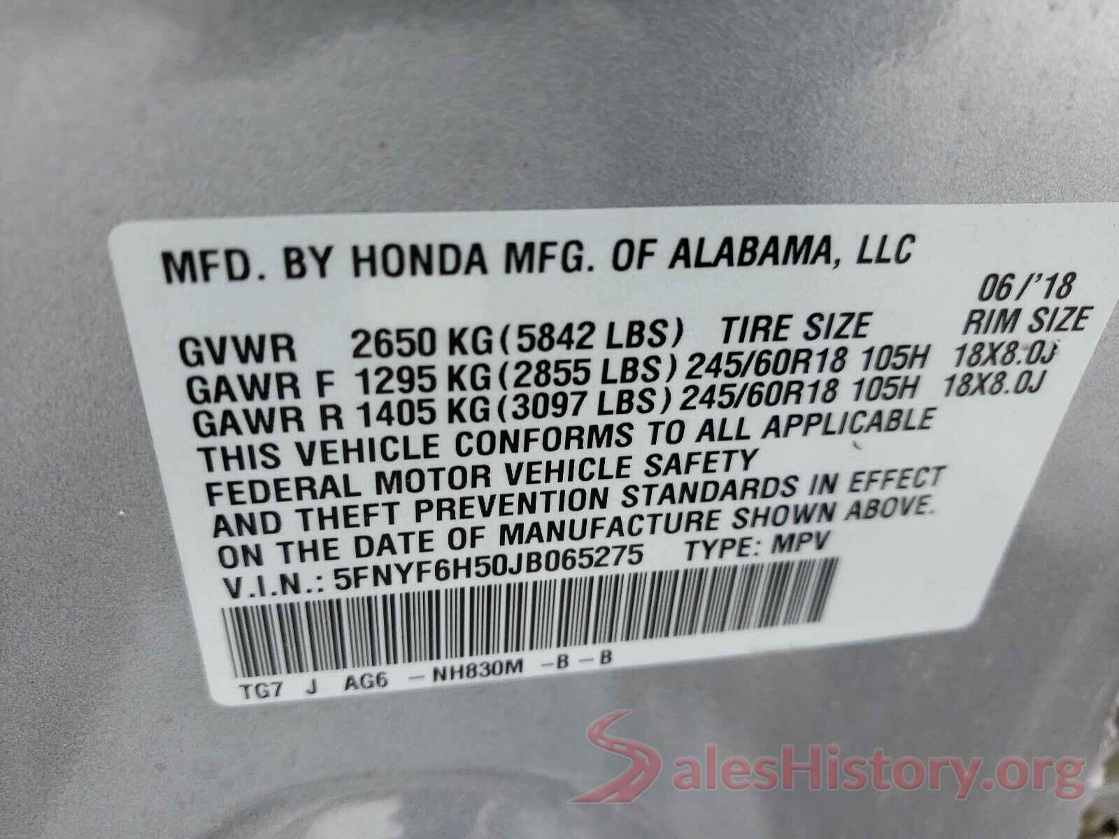 5FNYF6H50JB065275 2018 HONDA PILOT