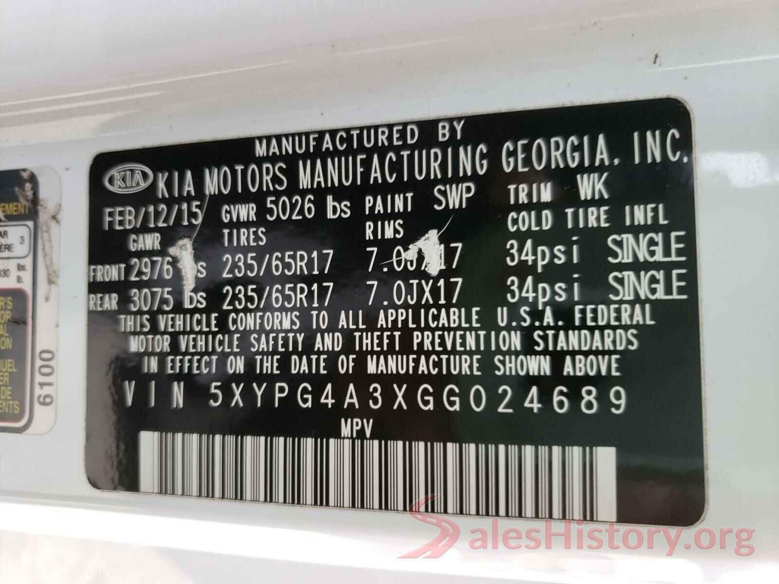 5XYPG4A3XGG024689 2016 KIA SORENTO