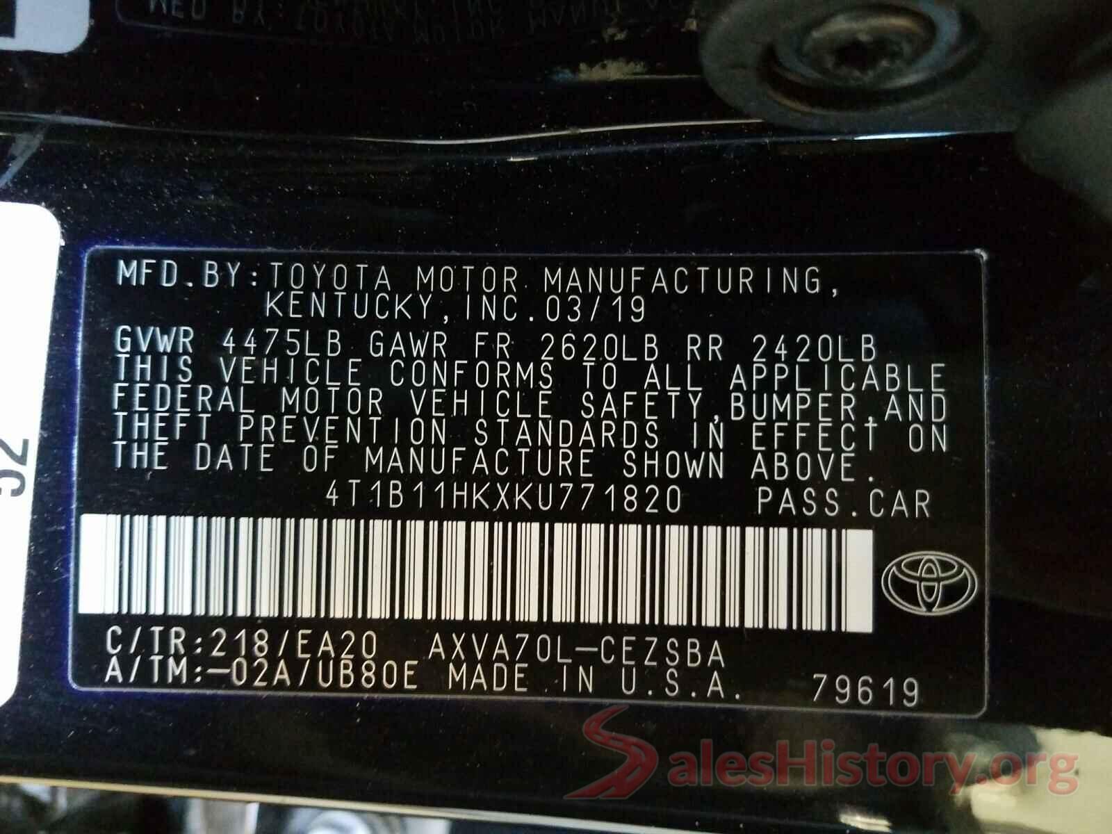 4T1B11HKXKU771820 2019 TOYOTA CAMRY