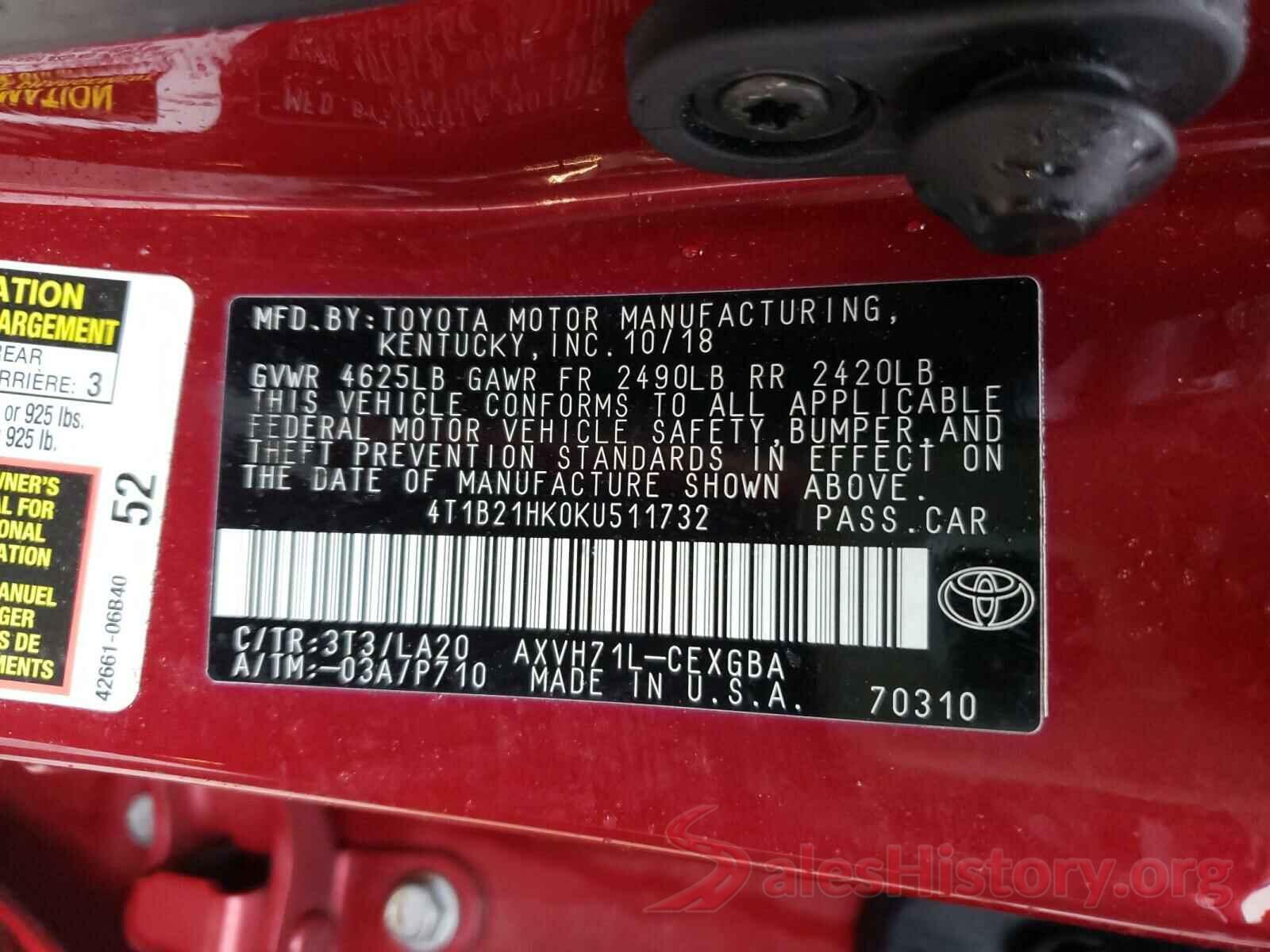 4T1B21HK0KU511732 2019 TOYOTA CAMRY