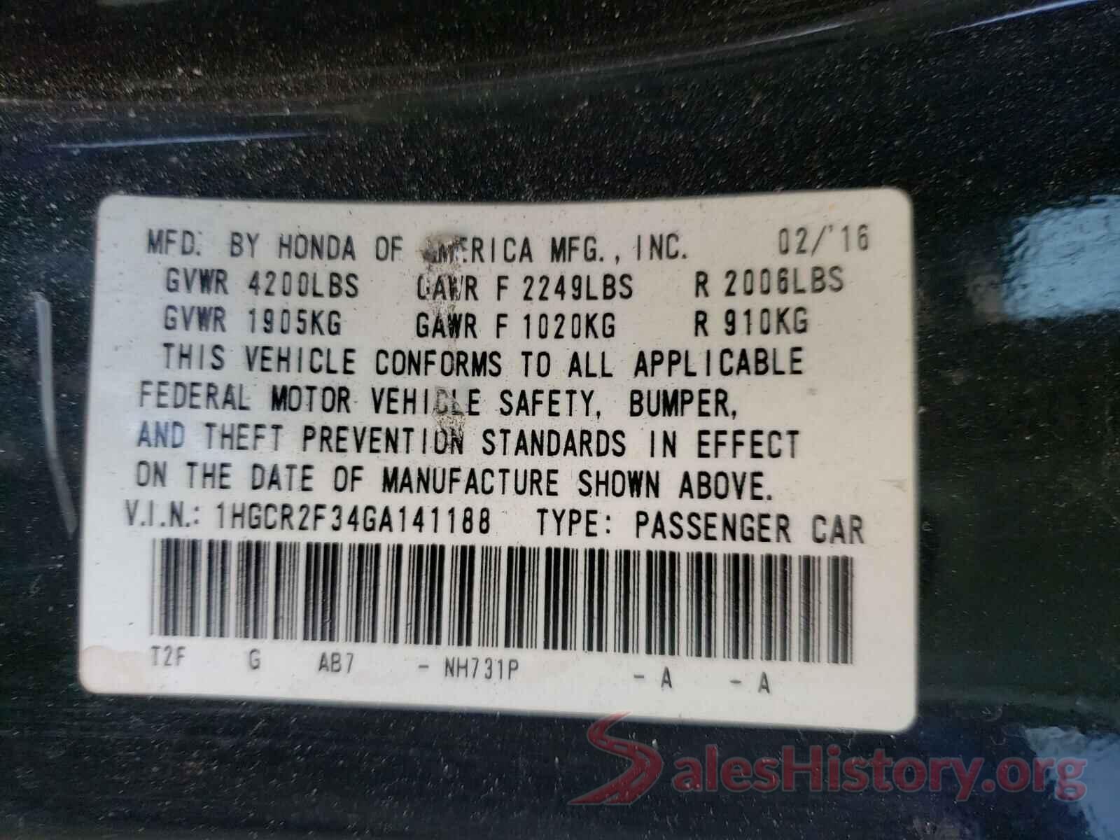 1HGCR2F34GA141188 2016 HONDA ACCORD