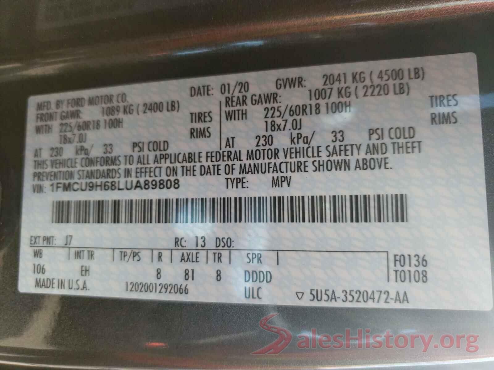 1FMCU9H68LUA89808 2020 FORD ESCAPE