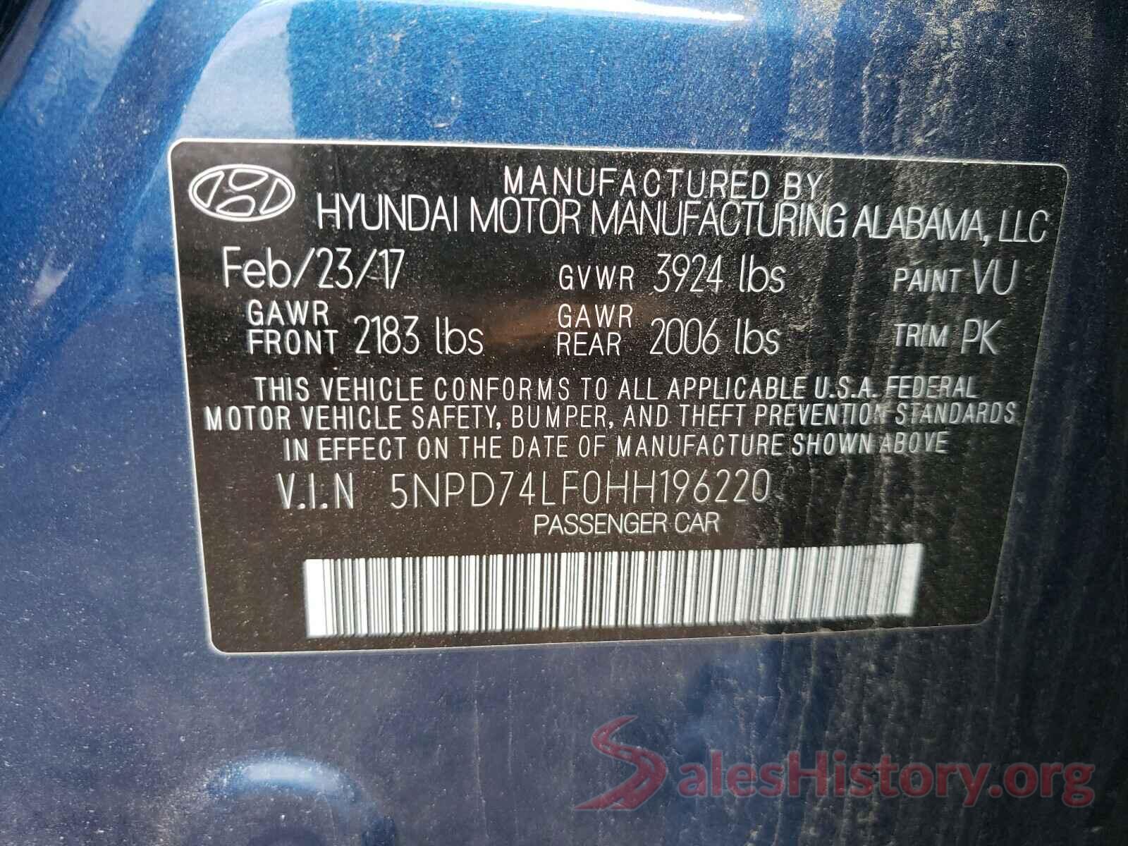 5NPD74LF0HH196220 2017 HYUNDAI ELANTRA