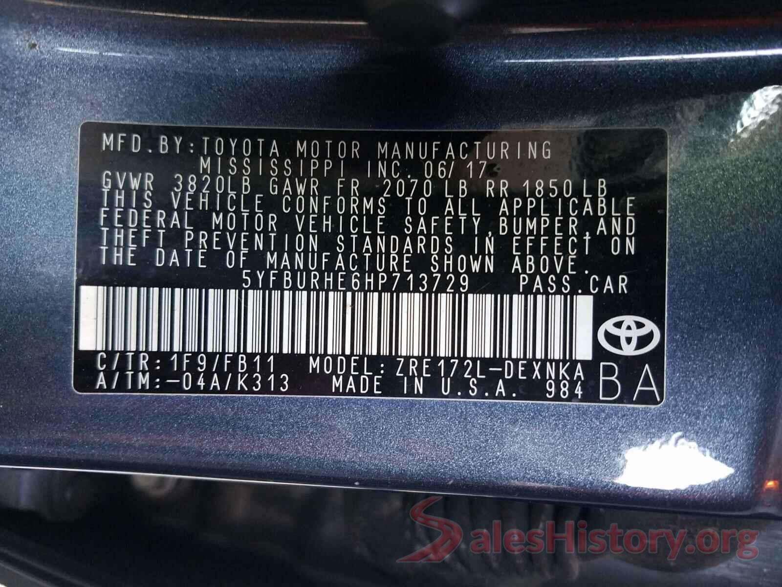 5YFBURHE6HP713729 2017 TOYOTA COROLLA