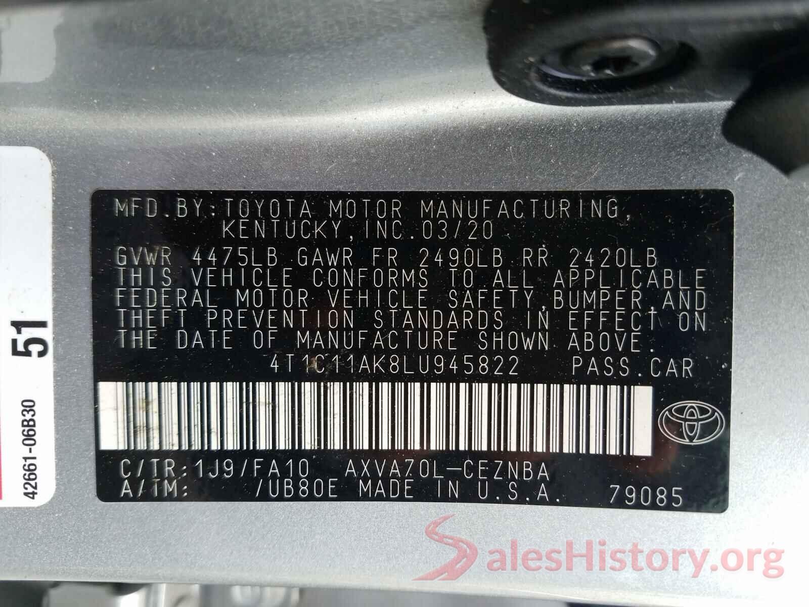 4T1C11AK8LU945822 2020 TOYOTA CAMRY