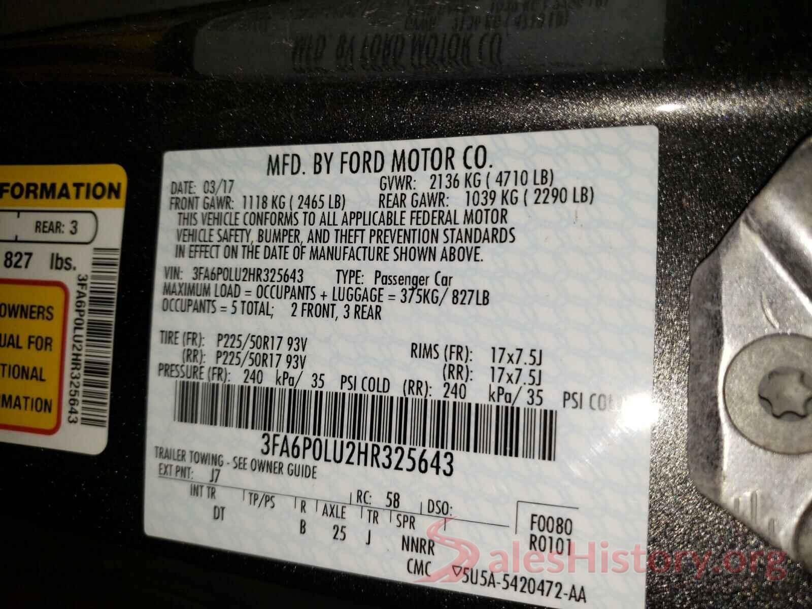 3FA6P0LU2HR325643 2017 FORD FUSION