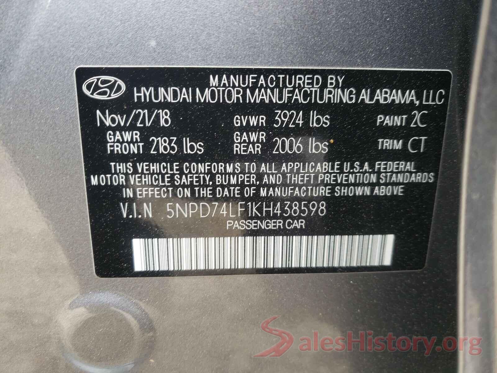 5NPD74LF1KH438598 2019 HYUNDAI ELANTRA