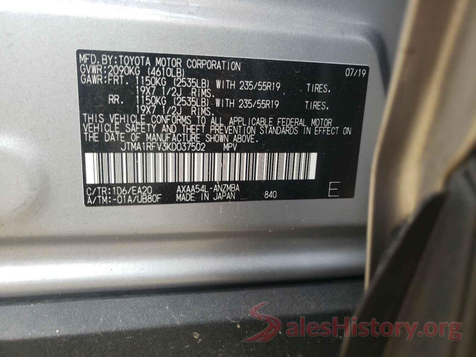 JTMA1RFV3KD037502 2019 TOYOTA RAV4