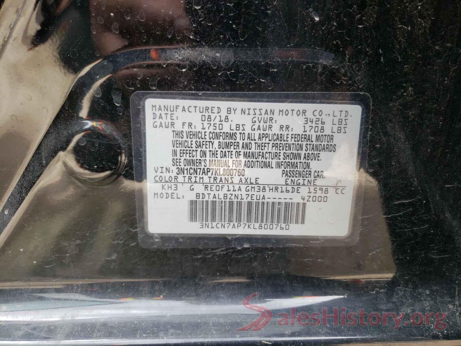 3N1CN7AP7KL800760 2019 NISSAN VERSA