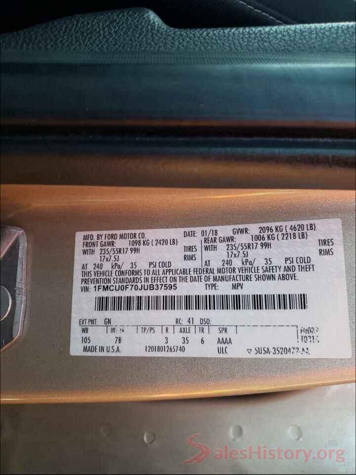 1FMCU0F70JUB37595 2018 FORD ESCAPE