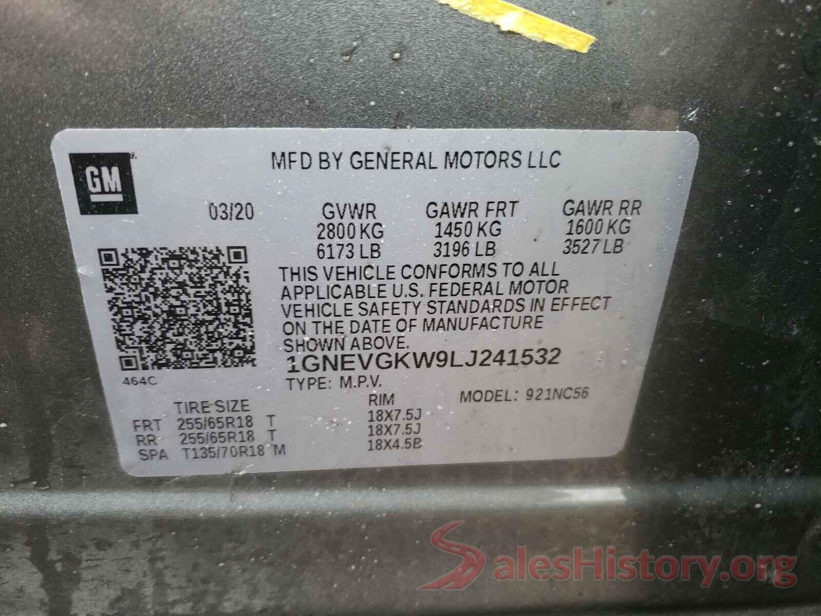 1GNEVGKW9LJ241532 2020 CHEVROLET TRAVERSE