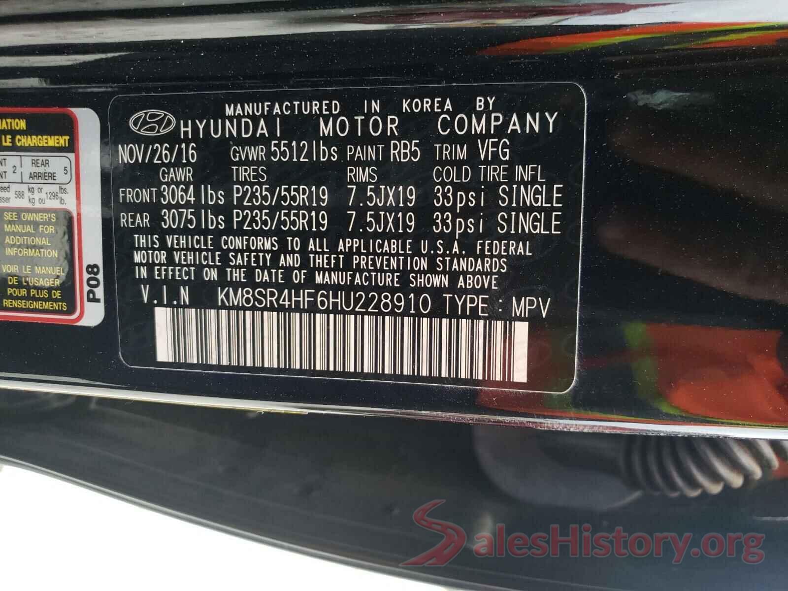 KM8SR4HF6HU228910 2017 HYUNDAI SANTA FE