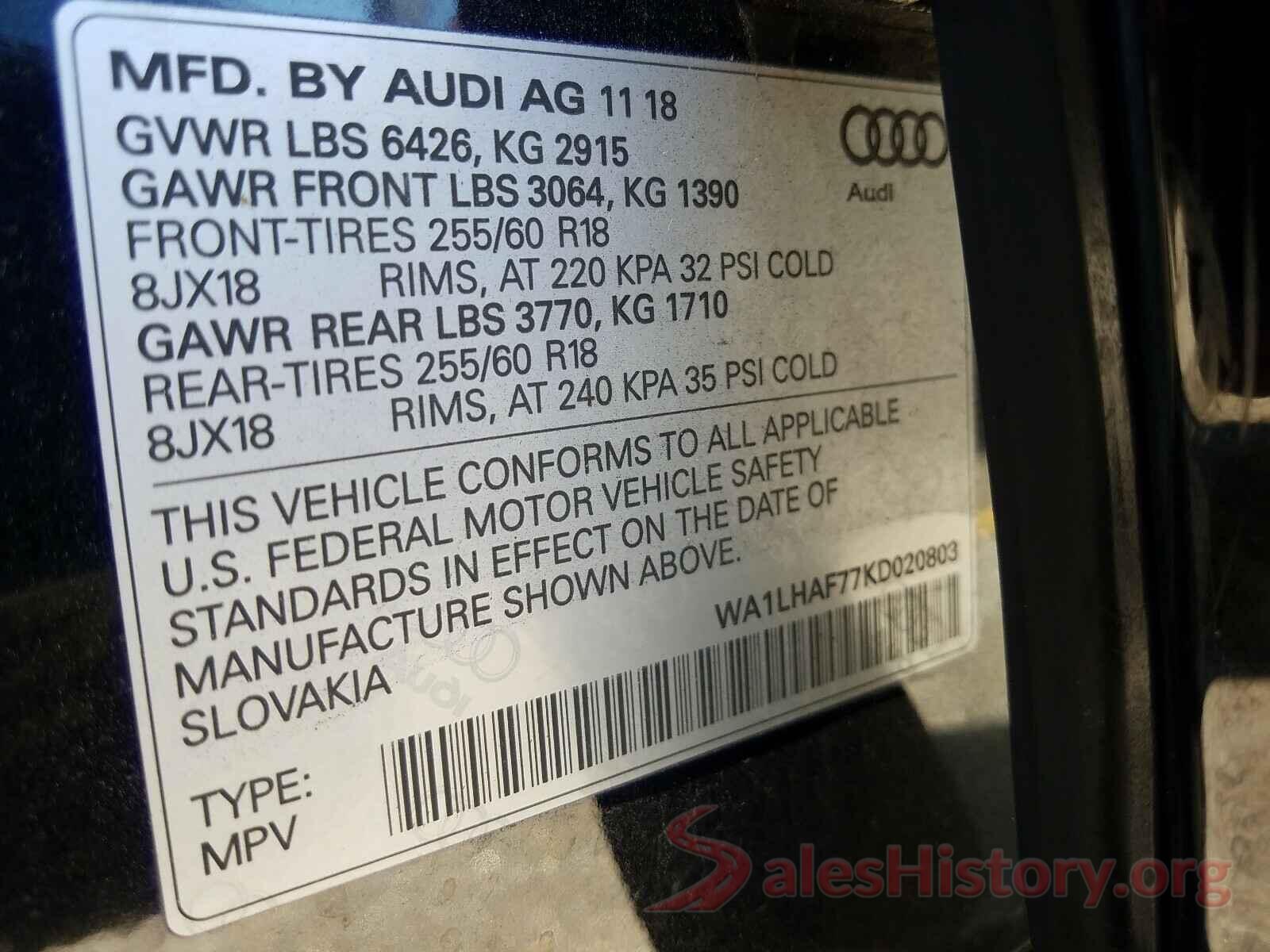 WA1LHAF77KD020803 2019 AUDI Q7