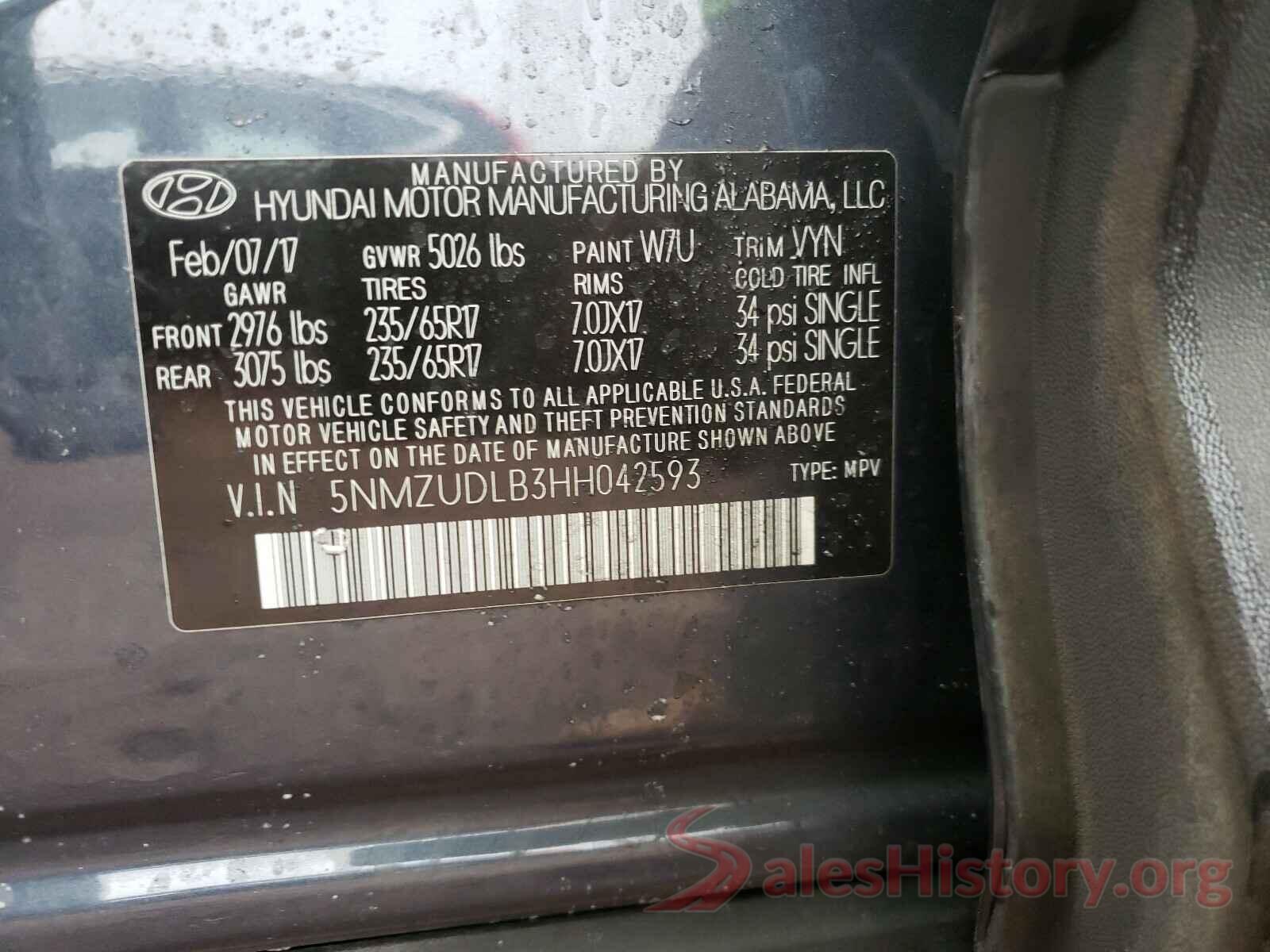 5NMZUDLB3HH042593 2017 HYUNDAI SANTA FE