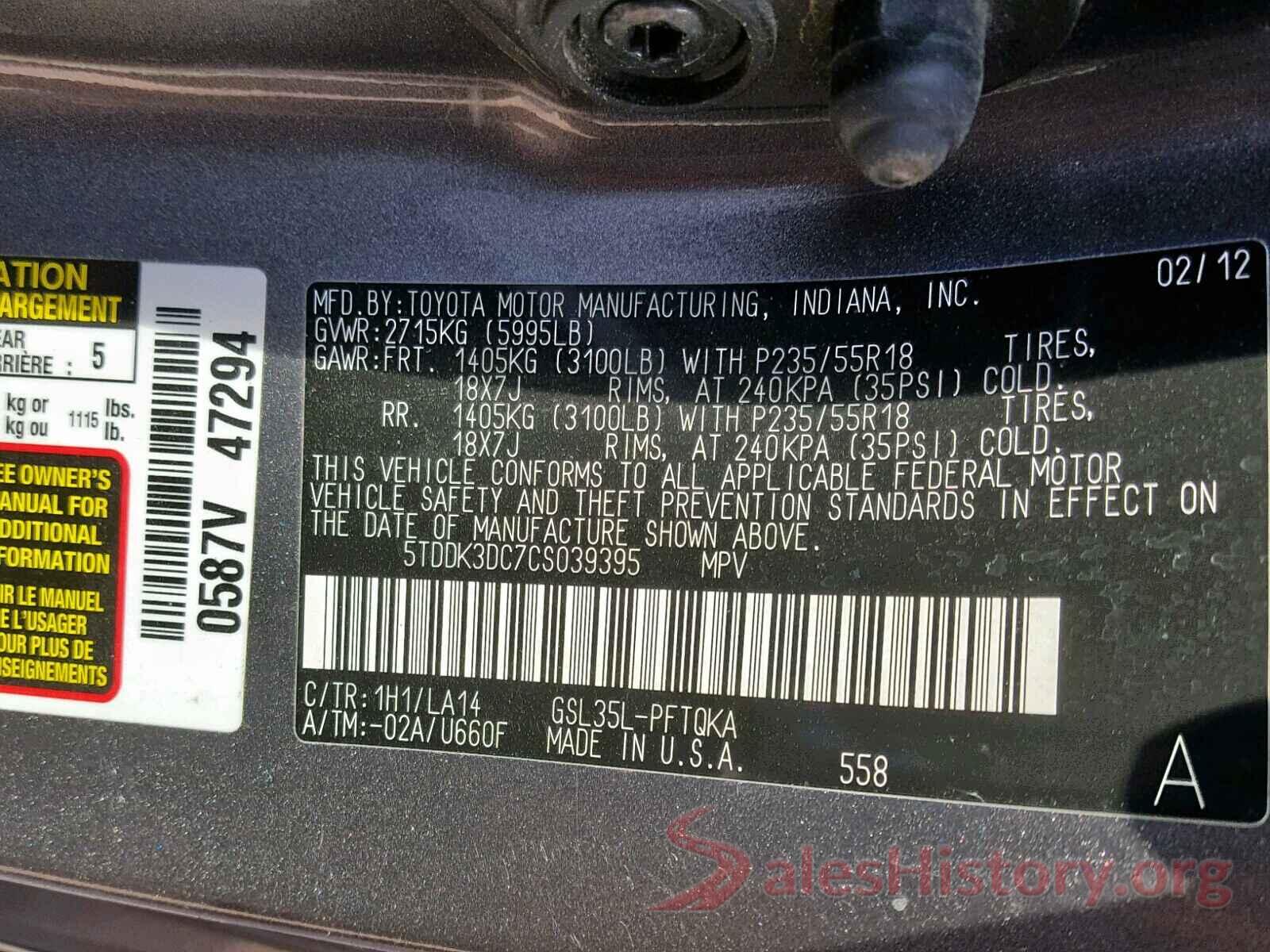 5TDDK3DC7CS039395 2012 TOYOTA SIENNA XLE