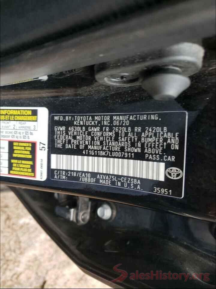 4T1G11BK7LU007911 2020 TOYOTA CAMRY