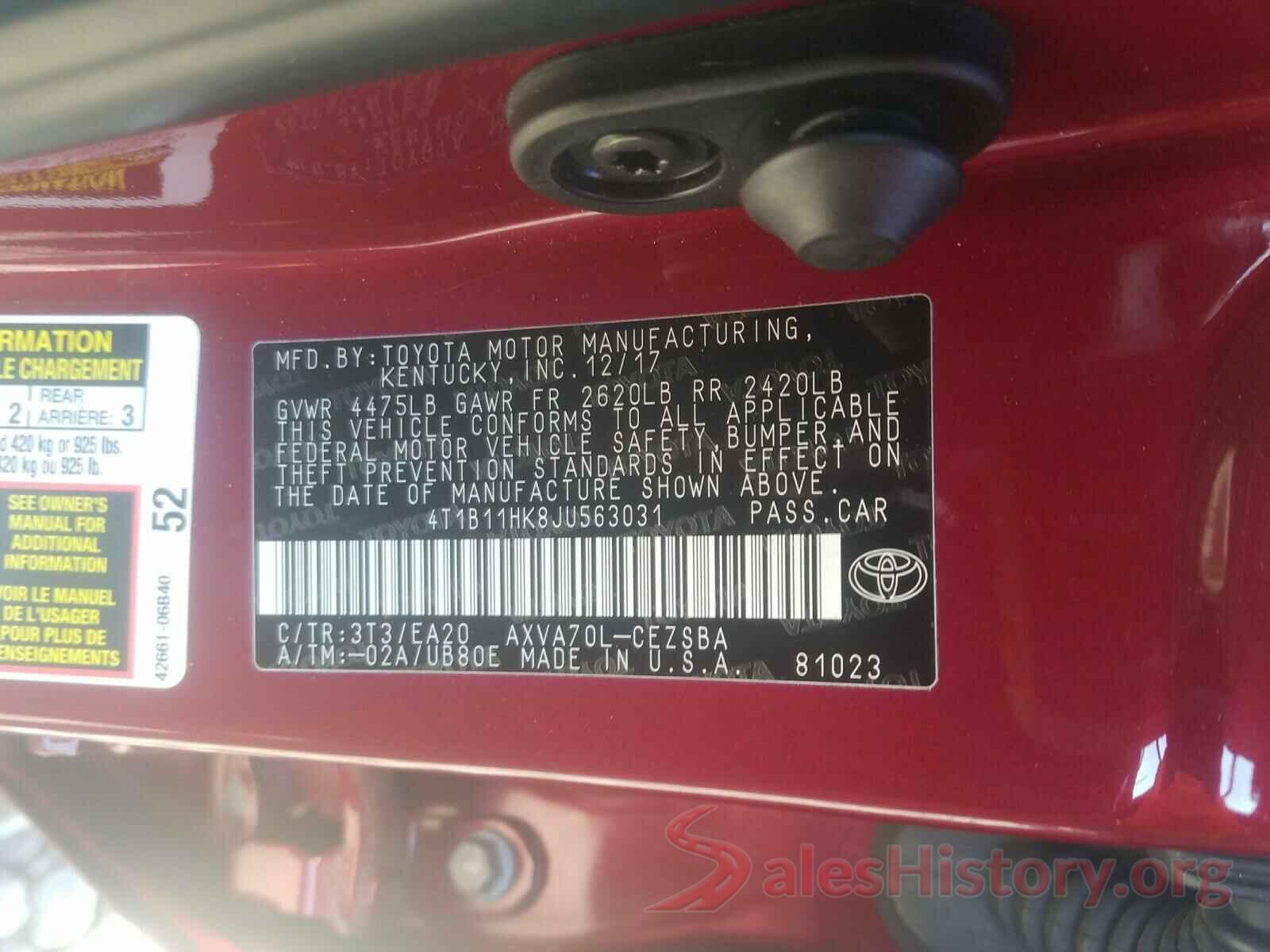 4T1B11HK8JU563031 2018 TOYOTA CAMRY