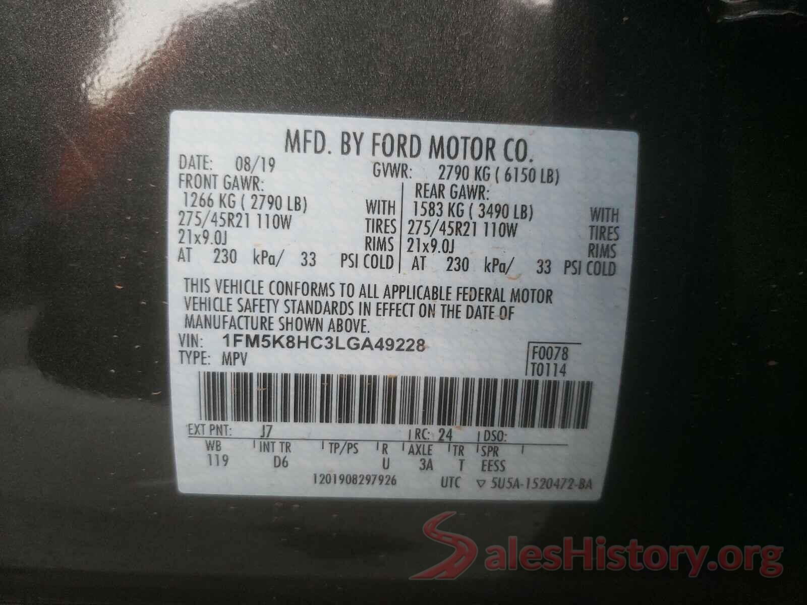 1FM5K8HC3LGA49228 2020 FORD EXPLORER