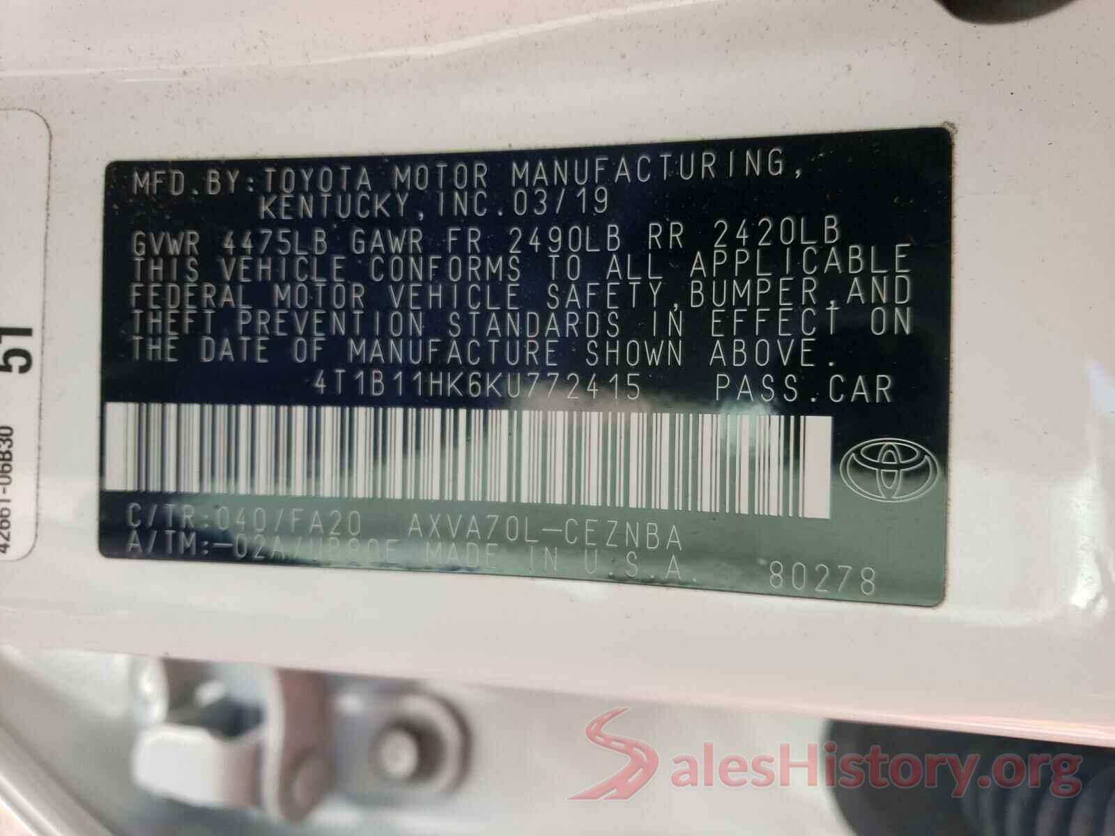 4T1B11HK6KU772415 2019 TOYOTA CAMRY