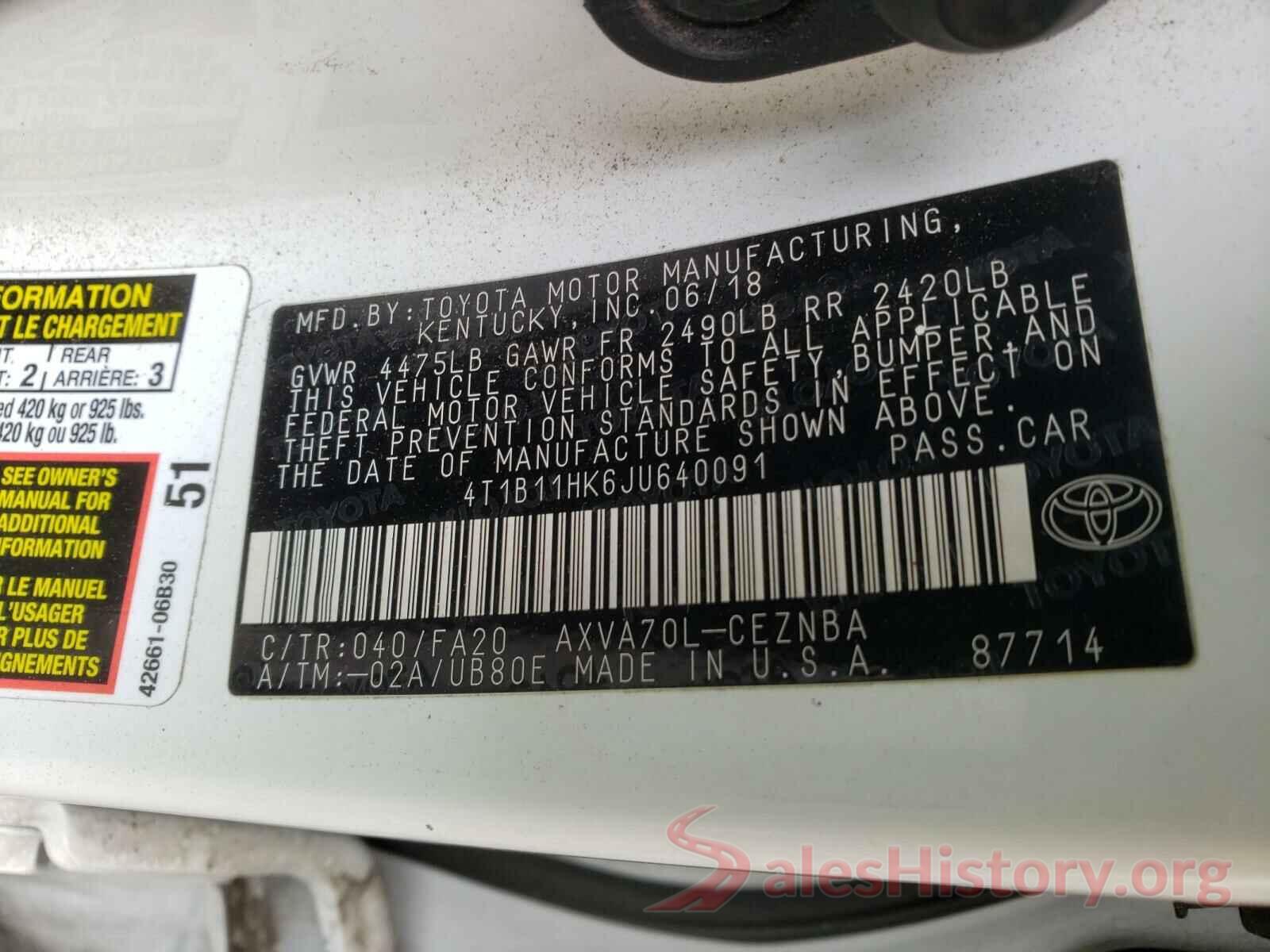 4T1B11HK6JU640091 2018 TOYOTA CAMRY