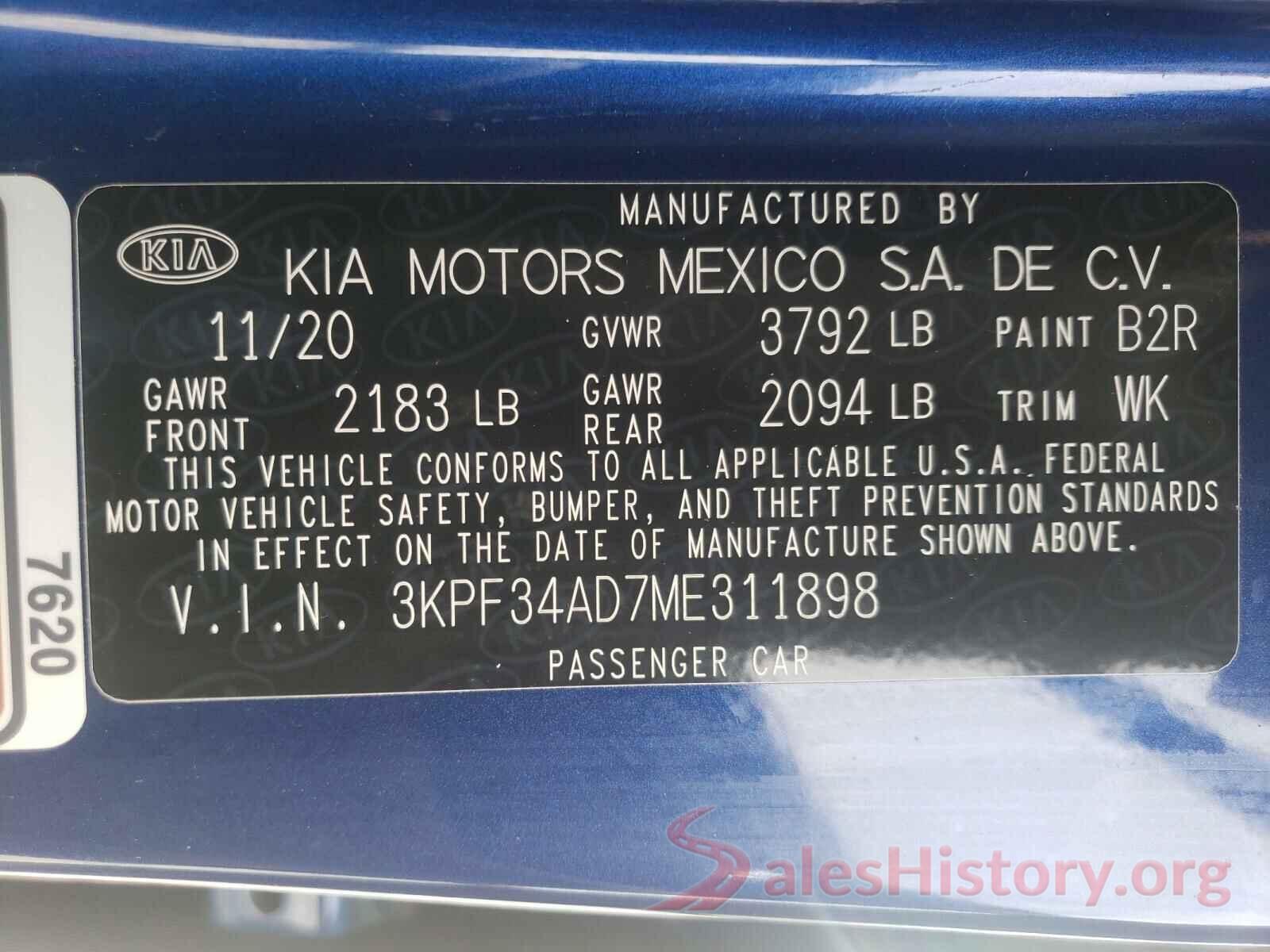 3KPF34AD7ME311898 2021 KIA FORTE