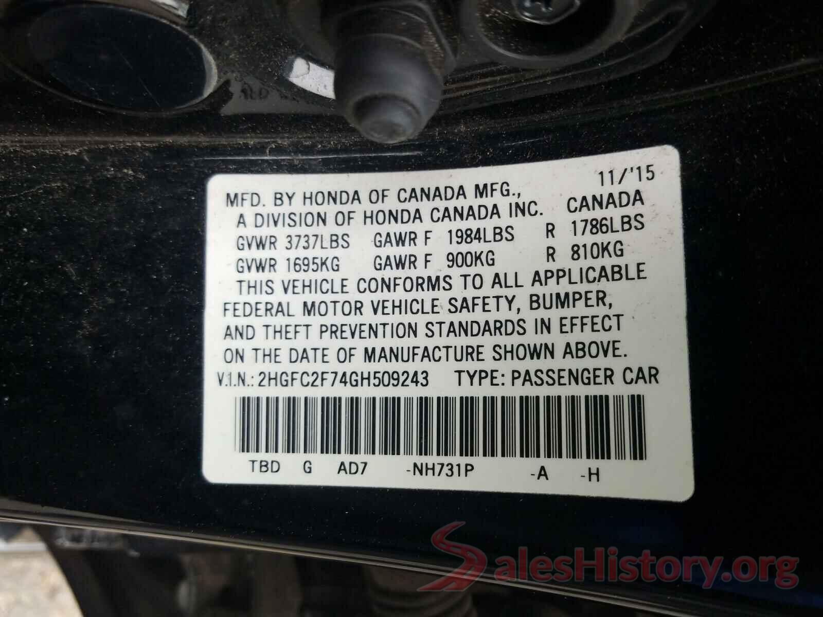 2HGFC2F74GH509243 2016 HONDA CIVIC