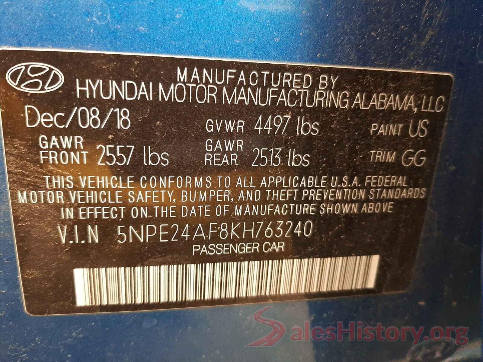 5NPE24AF8KH763240 2019 HYUNDAI SONATA