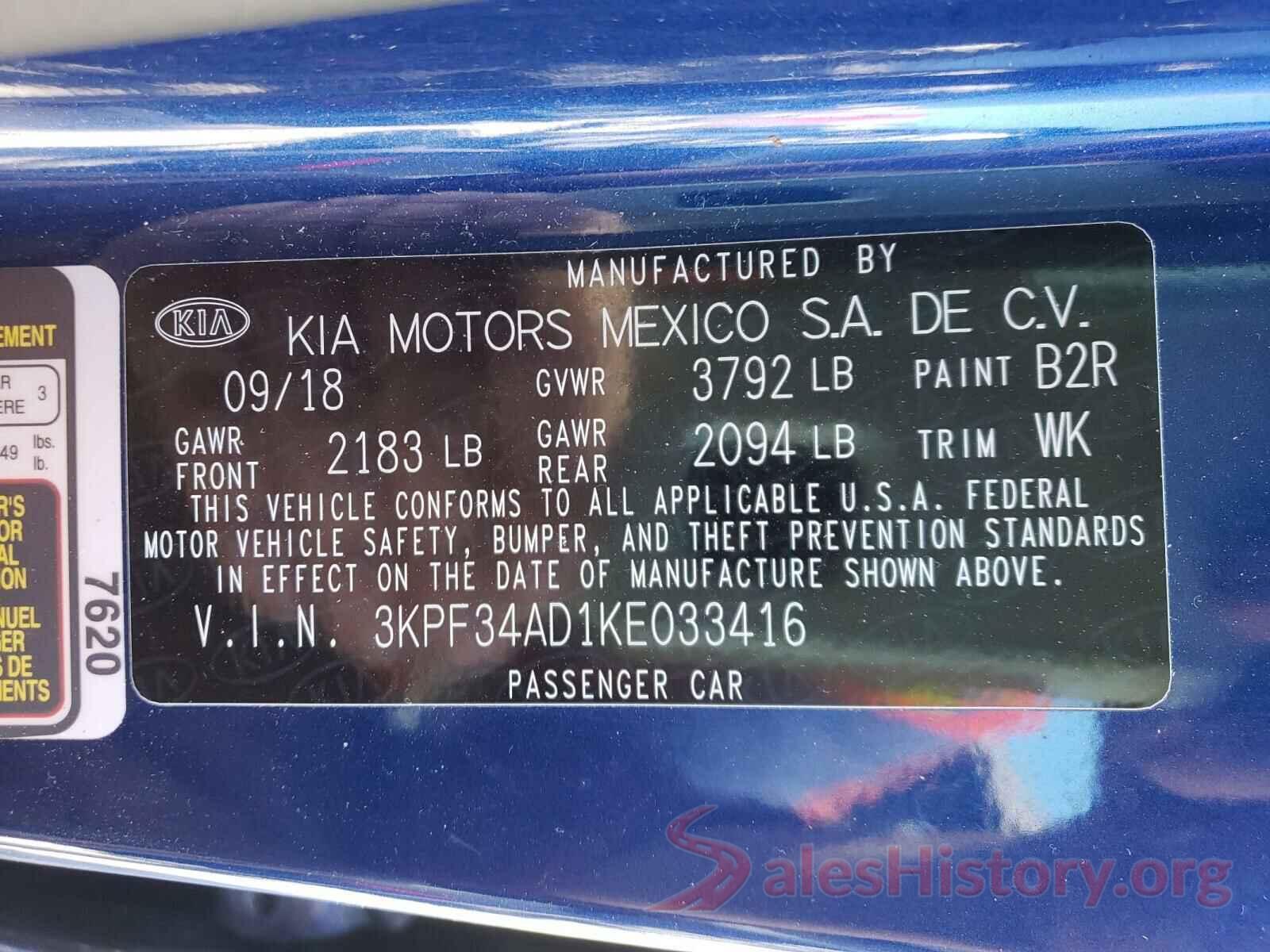 3KPF34AD1KE033416 2019 KIA FORTE