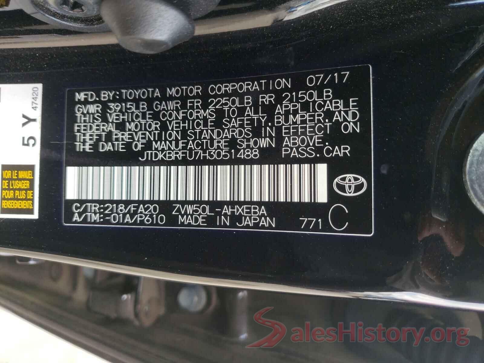 JTDKBRFU7H3051488 2017 TOYOTA PRIUS