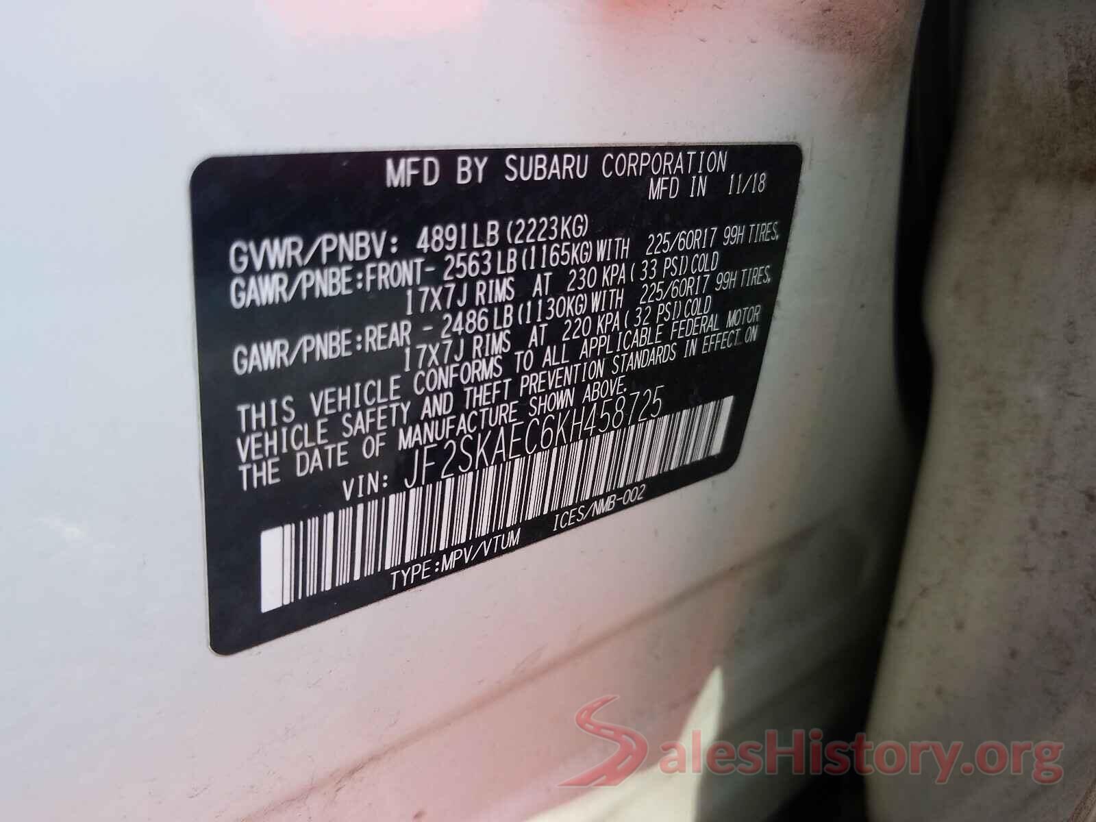 JF2SKAEC6KH458725 2019 SUBARU FORESTER