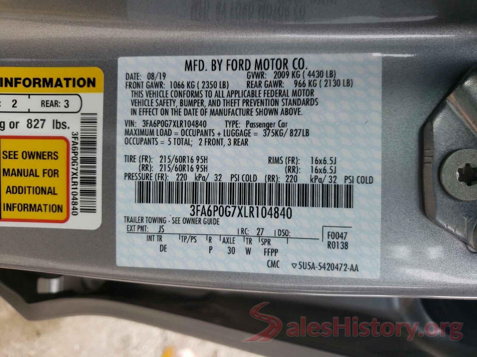 3FA6P0G7XLR104840 2020 FORD FUSION