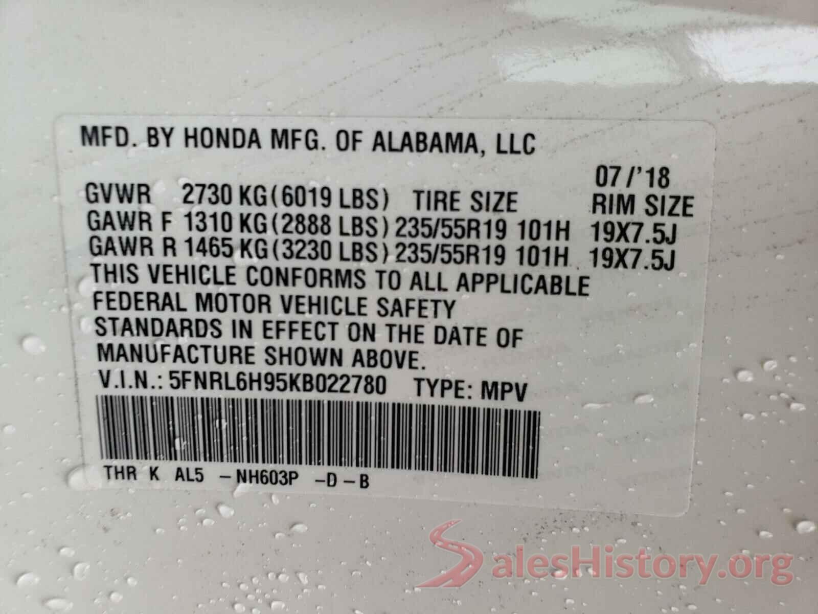 5FNRL6H95KB022780 2019 HONDA ODYSSEY