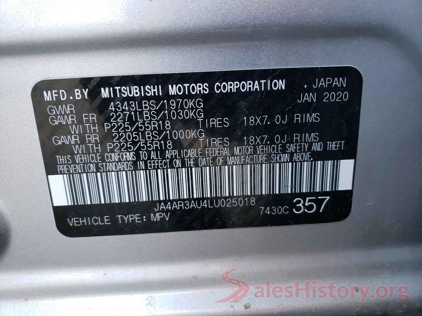 JA4AR3AU4LU025018 2020 MITSUBISHI OUTLANDER