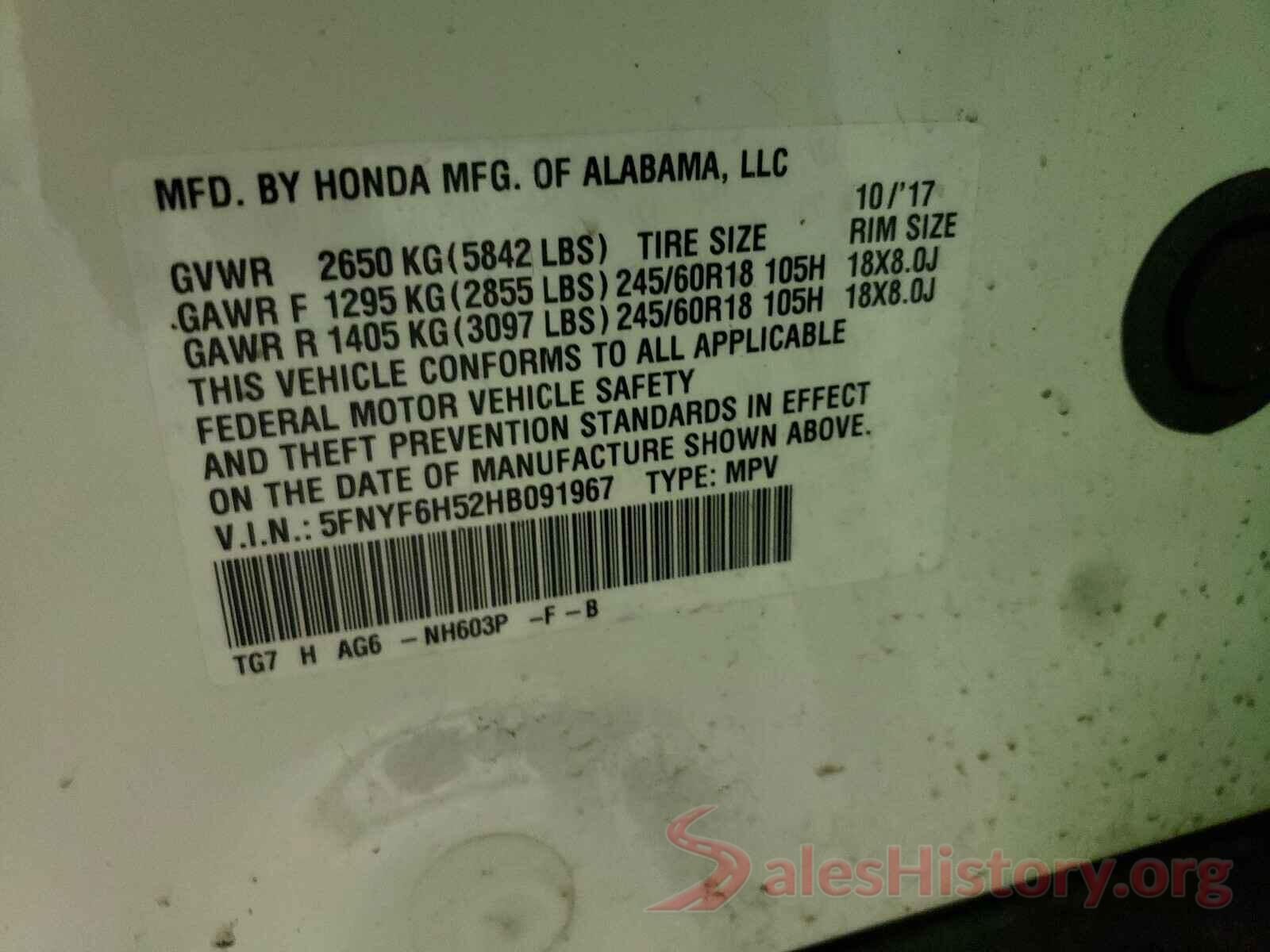 5FNYF6H52HB091967 2017 HONDA PILOT