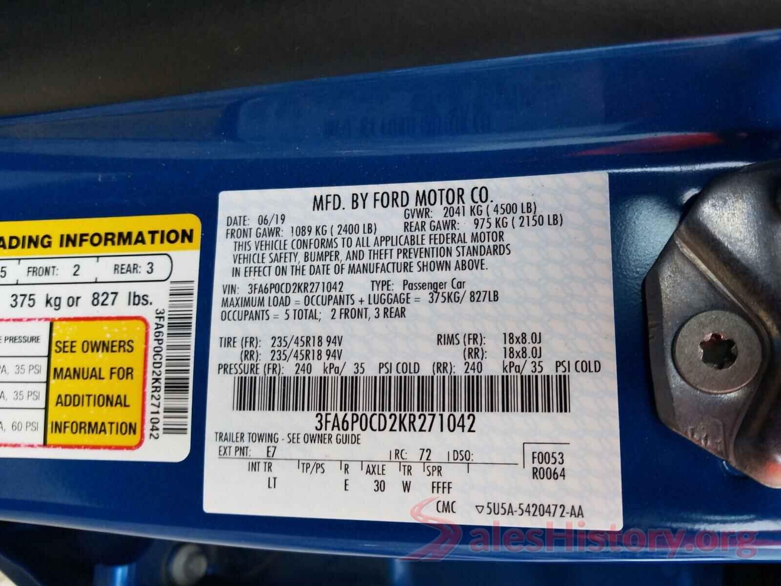 3FA6P0CD2KR271042 2019 FORD FUSION