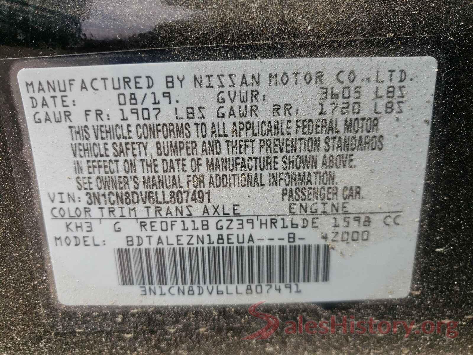 3N1CN8DV6LL807491 2020 NISSAN VERSA