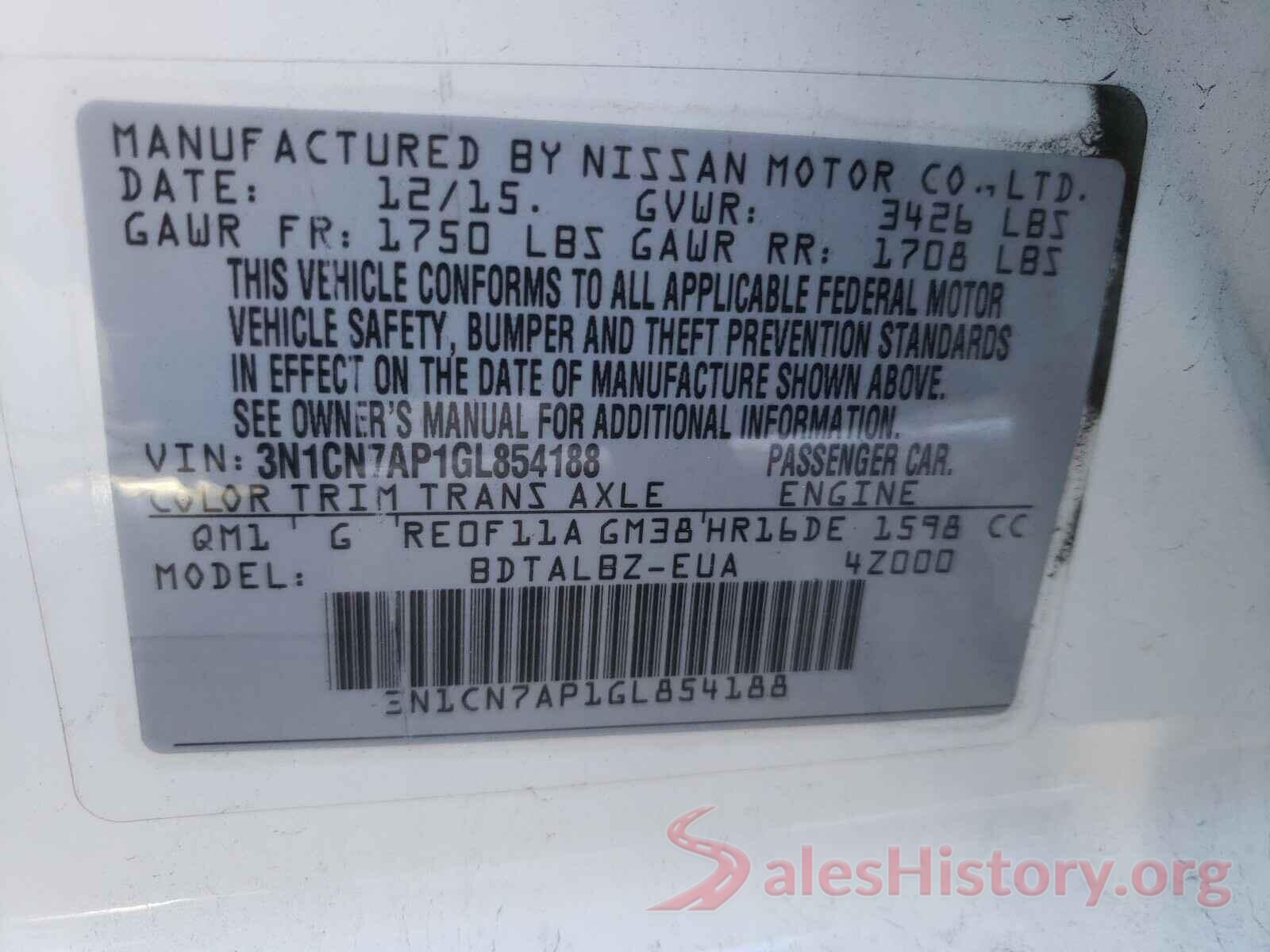 3N1CN7AP1GL854188 2016 NISSAN VERSA