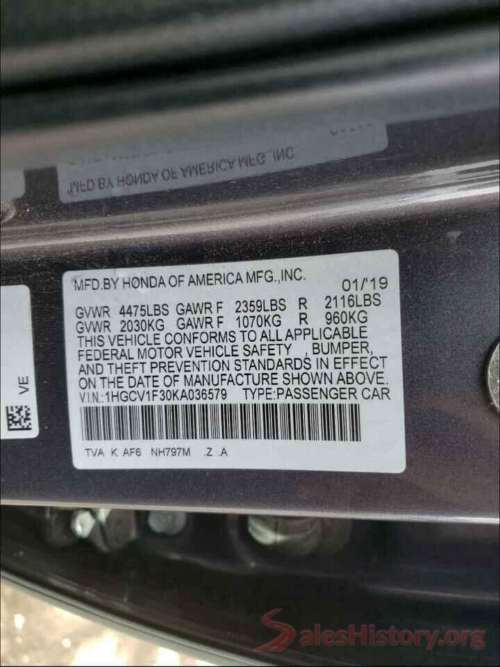 1HGCV1F30KA036579 2019 HONDA ACCORD