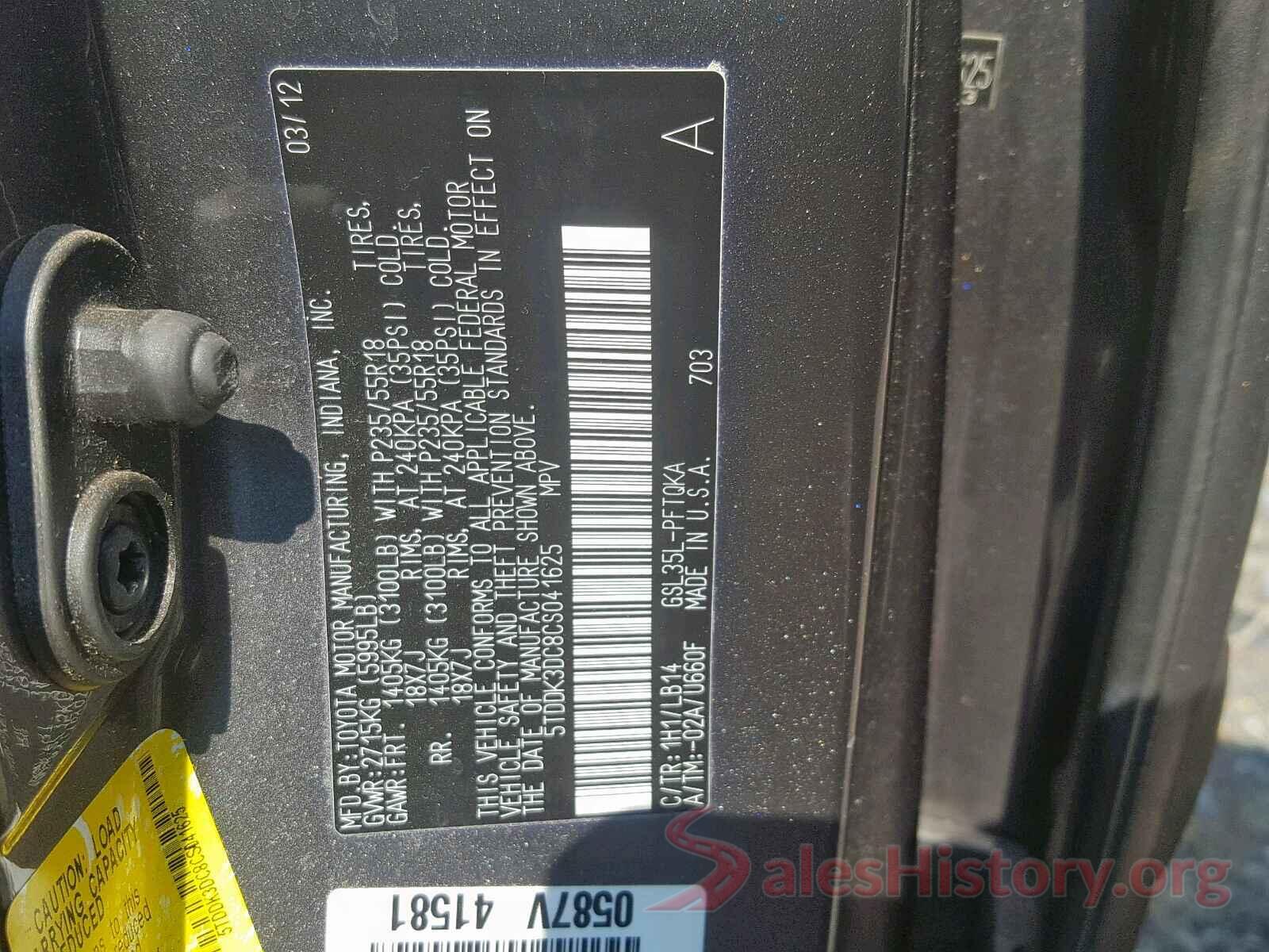 5TDDK3DC8CS041625 2012 TOYOTA SIENNA XLE