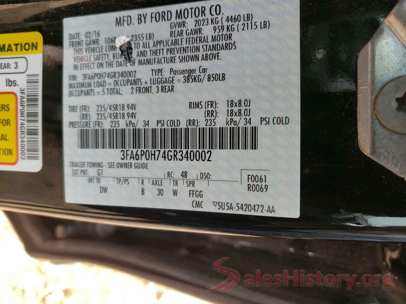 3FA6P0H74GR340002 2016 FORD FUSION